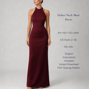 Halter Neck Maxi Dress Sewing Pattern PDF | Elegant Evening Gown Pattern | Women’s Formal Dress | XS–4XL | A4 A0 US Letter