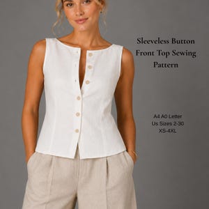 Patrón de costura para blusa de lino con escote barco / Top sin mangas con botones delanteros (Descarga en PDF)