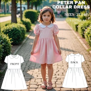 Patrón de costura de vestido de cuello Peter Pan para niños, patrón de costura de vestido de verano para niños, patrón de costura de vestido para niñas A0 A4 Carta de EE. UU. - Talla de niña de 2 a 16 años
