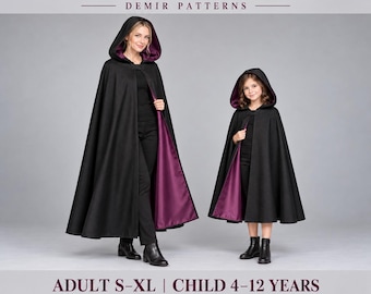 May include: A digital sewing pattern for a hooded cloak by Demir Patterns, featuring an adult size S-XL and child size 4-12 years. The cloak is black on the exterior with a deep purple lining, shown in A4, US Letter, and A0 formats.