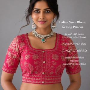 Indian Saree Blouse Sewing Pattern PDF | Square Neck Choli Pattern | Button Front Blouse | XS-4XL | A4 A0 US Letter