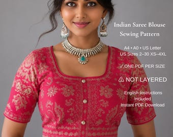 Może przedstawiać: Wykrój na indyjską bluzkę do sari w kolorze jasnoróżowym ze złotym kwiatowym wzorem, kwadratowym dekoltem i czterema guzikami. Tekst: Indian Saree Blouse Sewing Pattern, A4, A0, US Letter, US Sizes 2-30 XS-4XL, ONE PDF PER SIZE, NOT LAYERED, English Instructions Included, Instant PDF Download.
