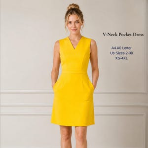 May include: A sleeveless, bright yellow V-neck dress with a fitted waist and two front pockets. The dress is knee-length and has a simple, elegant design. Text on the right reads "V-Neck Pocket Dress" and size information.