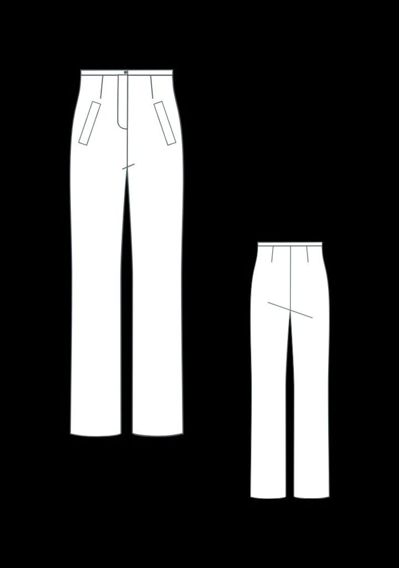 Op de afbeelding: Een technische lijntekening van een broek met hoge taille, getoond in voor- en achteraanzicht. Het vooraanzicht toont een tailleband met knoopsluiting, een gulp in het midden en twee schuine steekzakken. Het achteraanzicht toont een effen tailleband.