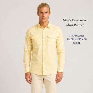 May include: A light yellow long-sleeve button-down shirt with two chest pockets. Text on the right reads: Men's Two Pocket Shirt Pattern, A4 A0 Letter, US Sizes 36 - 56, S-4XL. The shirt features a classic collar and a central button placket.