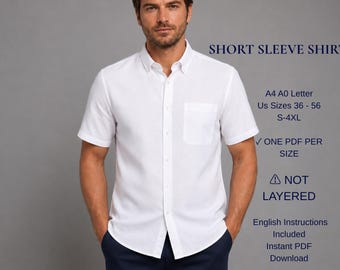 May include: A white short-sleeve button-down shirt with a chest pocket. Text on the image reads: SHORT SLEEVE SHIRT, A4 A0 Letter, US Sizes 36-56, S-4XL, ONE PDF PER SIZE, NOT LAYERED, English Instructions Included, Instant PDF Download.
