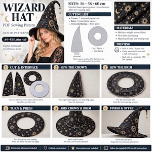 May include: A PDF sewing pattern for a wizard hat featuring a black fabric with a gold celestial print of suns and moons. The instructional guide includes six steps, a cutting list, and material requirements for sizes 56, 58, and 60 cm.
