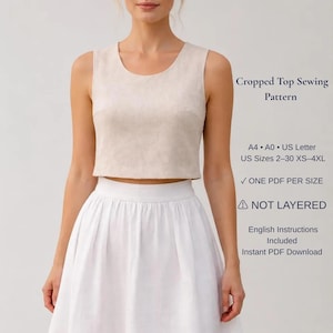 Cropped Top Sewing Pattern PDF, Sleeveless Linen Top Pattern, Summer Tank Top, Women's Crop Top, XS-4XL, A4 A0 US Letter