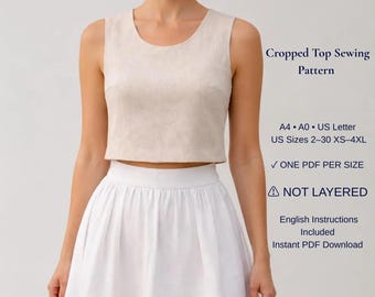 Cropped Top Sewing Pattern PDF, Sleeveless Linen Top Pattern, Summer Tank Top, Women's Crop Top, XS-4XL, A4 A0 US Letter