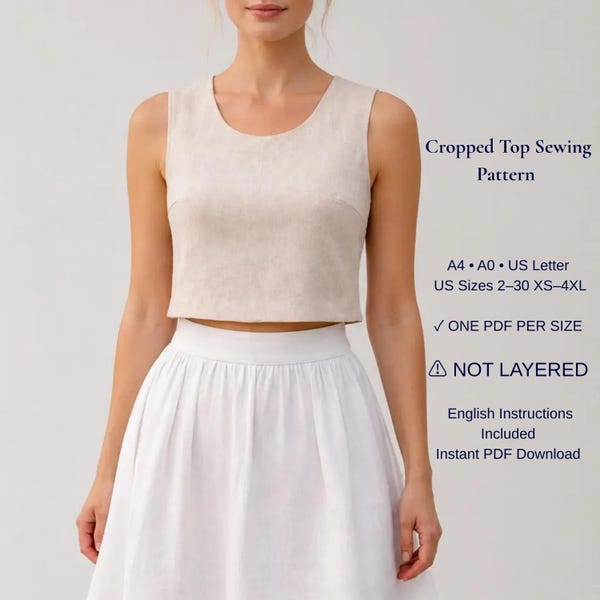 Patrón de costura en PDF para top corto, patrón de top de lino sin mangas, top de verano, top corto para mujer, tallas XS-4XL, tamaños A4 y A0 (tamaño carta estadounidense).
