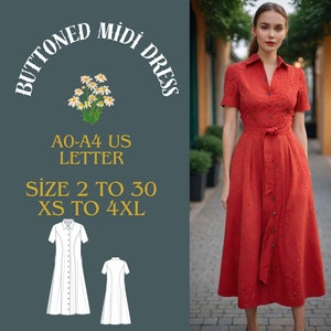 Buttoned Summer Dress Sewing Pattern: Shirt Collar Sundress (XS-4XL) (Digital Download)