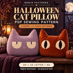 Könnte beinhalten: Ein PDF-Schnittmuster für ein Halloween-Katzenkissen von Demir Patterns. Das Bild zeigt ein strukturiertes lavendelfarbenes Katzenkissen mit schläfrigen Augen und ein glattes rostorangefarbenes Katzenkissen mit großen ovalen Augen, 3 Größen und 2 Gesichtsoptionen.