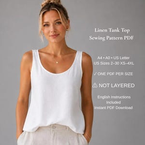 Schnittmuster für ein Leinen-Tanktop (PDF) | Ärmelloses Top mit Rundhalsausschnitt | Locker geschnittene Sommerbluse | Damen XS-4XL | A4, US Letter, A0