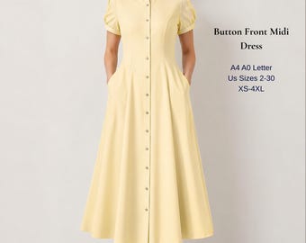 Button Front Dress Sewing Pattern PDF | Collared Midi Dress Pattern | Vintage Shirt Dress | Women's Fit & Flare Dress | XS-4XL | A4 A0