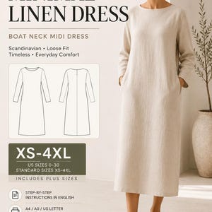May include: A PDF sewing pattern for a beige linen midi dress with a boat neck and long sleeves. The text reads: PDF SEWING PATTERN, MINIMAL LINEN DRESS, BOAT NECK MIDI DRESS, Scandinavian, Loose Fit, Timeless, Everyday Comfort, XS-4XL, US SIZES 0-30.
