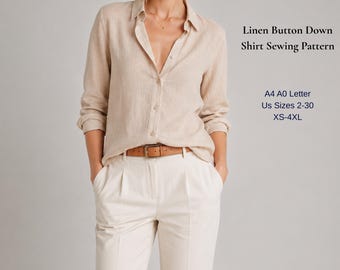 Patrón de costura para camisa de lino con botones / Blusa de mujer en PDF (tallas XS-4XL)