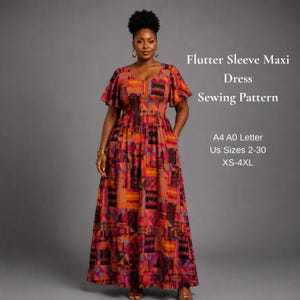 Puede incluir: Un vestido largo hasta el suelo con mangas de mariposa y un patrón geométrico vibrante en tonos naranja, rojo, morado y negro. El texto dice: Flutter Sleeve Maxi Dress Sewing Pattern, A4 A0 Letter, US Sizes 2-30, XS-4XL.
