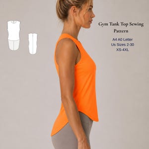 May include: A bright orange sleeveless tank top with a curved hemline. The image includes a technical line drawing of the garment and text that reads: Gym Tank Top Sewing Pattern, A4 A0 Letter, US Sizes 2-30, XS-4XL.