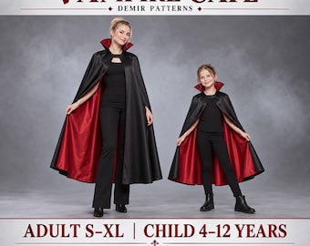May include: A digital sewing pattern for a vampire cape featuring a black exterior and a deep red lining with a high collar. The text reads VAMPIRE CAPE, DEMIR PATTERNS, ADULT S-XL, CHILD 4-12 YEARS, A4, US LETTER, A0, Digital sewing pattern, No physical item.