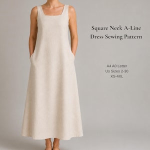May include: A beige sleeveless A-line dress with a square neckline and side pockets. The text reads: Square Neck A-Line Dress Sewing Pattern, A4 A0 Letter, US Sizes 2-30, XS-4XL. The dress features a simple, floor-length silhouette and neutral tone.