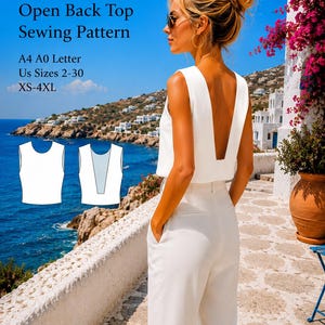 Puede incluir: Un top blanco sin mangas con un diseño de espalda abierta profunda, combinado con pantalones blancos a juego. La imagen incluye el texto: Open Back Top Sewing Pattern, A4 A0 Letter, US Sizes 2-30, XS-4XL, y un dibujo técnico de la vista frontal y trasera.
