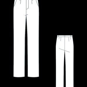 K&ouml;nnte beinhalten: Eine technische Strichzeichnung einer langen Hose, dargestellt von vorne und hinten. Das Design umfasst einen Bund mit G&uuml;rtelschlaufen, einen mittigen Rei&szlig;verschluss vorne, Seitentaschen und vertikale Falten, die von der Taille ausgehen.