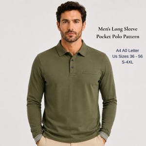 Puede incluir: Un polo de manga larga color verde oliva con cuello, tapeta de tres botones y un pequeño bolsillo en el pecho. El texto dice: Men's Long Sleeve Pocket Polo Pattern, A4 A0 Letter, Us Sizes 36 - 56, S-4XL. Los puños tienen un detalle de rayas blancas.