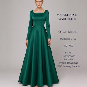Patron de couture PDF pour robe longue à encolure carrée | Patron de robe de soirée à manches longues | Robe de soirée à découpe princesse | XS-4XL | Format A4, A0 ou Lettre US