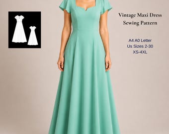 Sweetheart Neck Maxi Dress Sewing Pattern, Flutter Sleeve PDF Pattern, XS-4XL