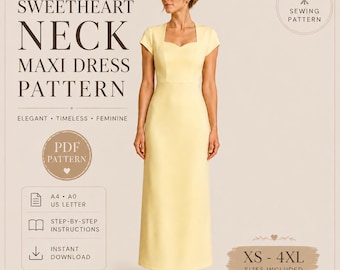 Sweetheart Neck Maxi Dress Sewing Pattern PDF, Elegant Cap Sleeve Dress Pattern, Formal Evening Gown Pattern, Women Maxi Dress,XS-4XL, A4 A0