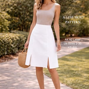 May include: A white A-line skirt with two front slits, paired with a beige sleeveless top. The text reads A-LINE SKIRT PATTERN, A4 A0 Letter, US Sizes 2-30, XS-4XL. The skirt features a high waist and falls to the knee, showcasing a clean design.