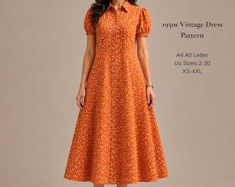 1950s Vintage Cocktail Dress Sewing Pattern, Puff Sleeve Midi Dress (PDF Download)