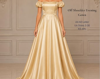 Off Shoulder Evening Gown Sewing Pattern, Formal Maxi Ball Dress XS-4XL