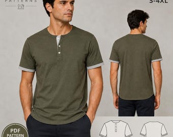 Men's Henley T-Shirt Sewing Pattern PDF | Short Sleeve Tee Pattern | Casual Men's Shirt Pattern | S-4XL | A4 A0 US Letter