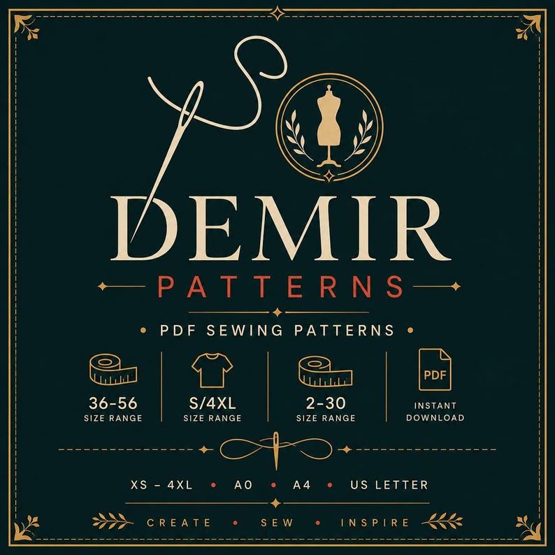 May include: A dark green graphic featuring the text DEMIR PATTERNS in gold, with a needle and thread icon, a dress form logo, and icons for PDF sewing patterns. It lists size ranges 36-56, S/4XL, 2-30, and formats XS-4XL, A0, A4, and US Letter.