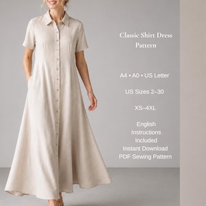 Shirt Dress Sewing Pattern PDF, Button Front Maxi Dress Pattern, Collared Linen Dress, A-Line Dress, XS-4XL, A4 A0 US Letter