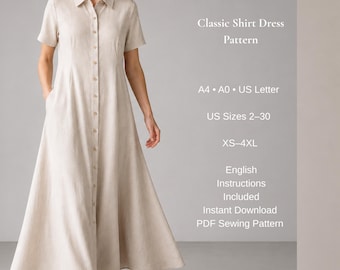 Shirt Dress Sewing Pattern PDF, Button Front Maxi Dress Pattern, Collared Linen Dress, A-Line Dress, XS-4XL, A4 A0 US Letter