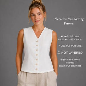 May include: A white sleeveless vest sewing pattern featuring a V-neckline and a front button closure. Text includes: Sleeveless Vest Sewing Pattern, A4, A0, US Letter, US Sizes 2-30 XS-4XL, ONE PDF PER SIZE, NOT LAYERED, English Instructions Included, Instant PDF Download.
