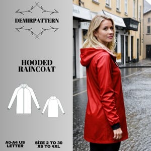 Può includere: Un impermeabile rosso con cappuccio e chiusura a zip. L'impermeabile è mostrato su un manichino. Il testo "HOODED RAINCOAT" è visualizzato sopra il manichino. Il testo "A0-A4 US LETTER" e "SIZE 2 TO 30 XS TO 4XL" è visualizzato sotto il manichino.