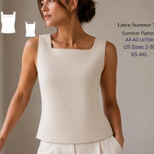 Molde para blusa de linho com decote quadrado, modelo regata minimalista de verão em PDF (tamanhos XS a 4XL)