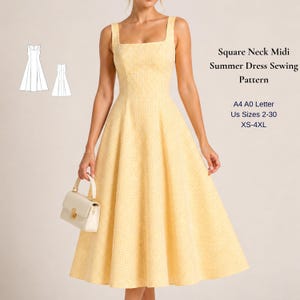 Square Neck Midi Dress Sewing Pattern, Cottagecore Milkmaid Sundress (Digital Download)