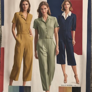 Könnte beinhalten: Drei Frauen präsentieren drei verschiedene Stile von Jumpsuits. Der erste Jumpsuit ist in Senfgelb, der zweite in Salbeigrün und der dritte in Marineblau gehalten. Alle drei Jumpsuits haben einen Kragen und kurze Ärmel.