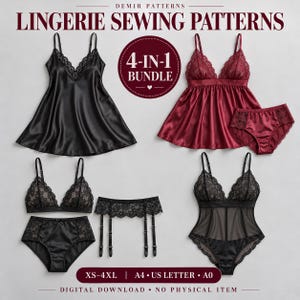 May include: Demir Patterns Lingerie Sewing Patterns 4-in-1 bundle digital download. Includes a black chemise, a burgundy lace-trimmed babydoll with matching panties, a black lace bralette set with garter belt, and a black lace bodysuit.