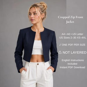 PDF Sewing Pattern | Cropped Zip Front Jacket | Collarless Blazer Pattern | Women's Fitted Jacket | XS-4XL | A4 A0 US Letter