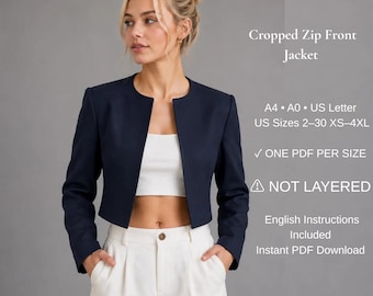 PDF Sewing Pattern | Cropped Zip Front Jacket | Collarless Blazer Pattern | Women's Fitted Jacket | XS-4XL | A4 A0 US Letter