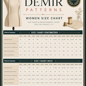 May include: A Demir Patterns women size chart featuring a dress form with a measuring tape, a spool of thread, and a thimble. The chart displays measurements in both centimeters and inches for sizes US2 through US30, including bust, waist, and hip.