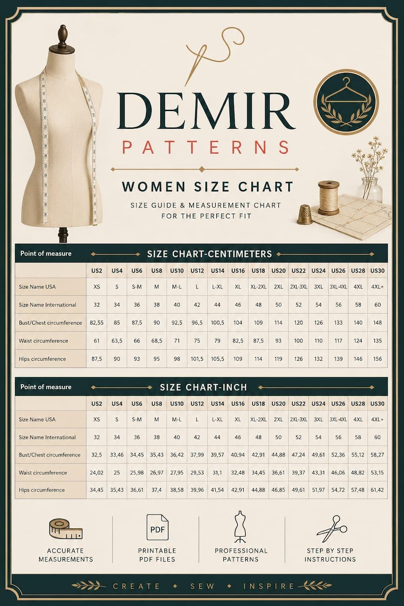 May include: A Demir Patterns women size chart featuring a dress form with a measuring tape, a spool of thread, and a thimble. The chart displays measurements in both centimeters and inches for sizes US2 through US30, including bust, waist, and hip.