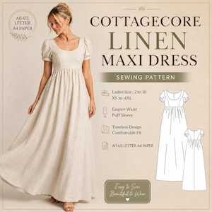 Può includere: Un abito lungo in lino beige con scollo rotondo e maniche a sbuffo, caratterizzato da un punto vita stile impero e una gonna lunga e fluida. L'immagine include il testo COTTAGECORE LINEN MAXI DRESS SEWING PATTERN e disegni tecnici del capo.