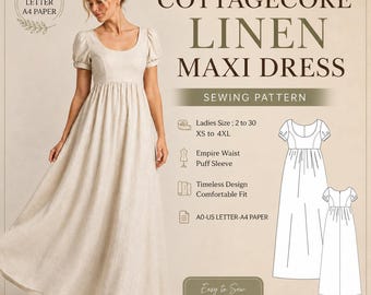 Cottagecore Linen Maxi Dress Sewing Pattern, Empire Waist Puff Sleeve Dress PDF, Romantic Prairie Dress Pattern, XS-4XL