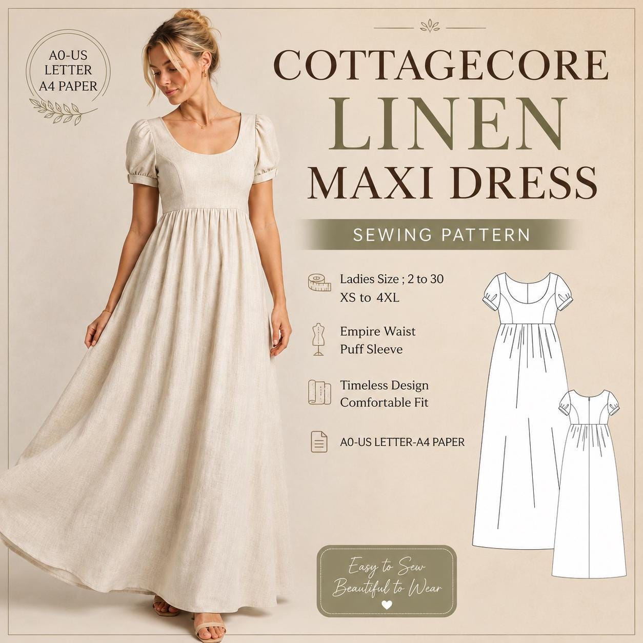 empire waist maxi dress sewing pattern Empire Waist Maxi Dress Sewing Pattern | Puff Sleeve Smock (PDF Pattern)